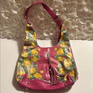 Sharif Pink and Yellow Floral Shoulder Bag with Tassel